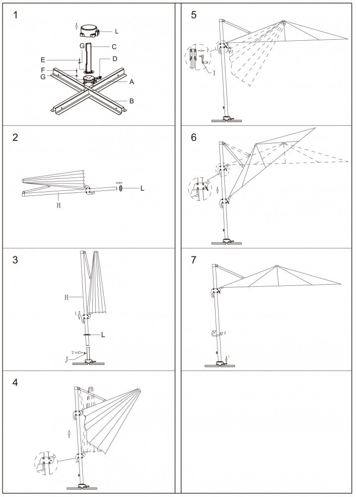 Manuale di istruzioni illustrato per il montaggio e l'apertura dell'ombrellone a palo laterale.