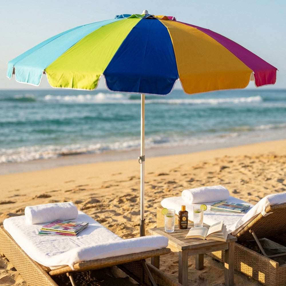 Ombrellone arcobaleno che fa ombra a due lettini in rattan con asciugamani bianchi e un tavolino in legno sulla spiaggia.