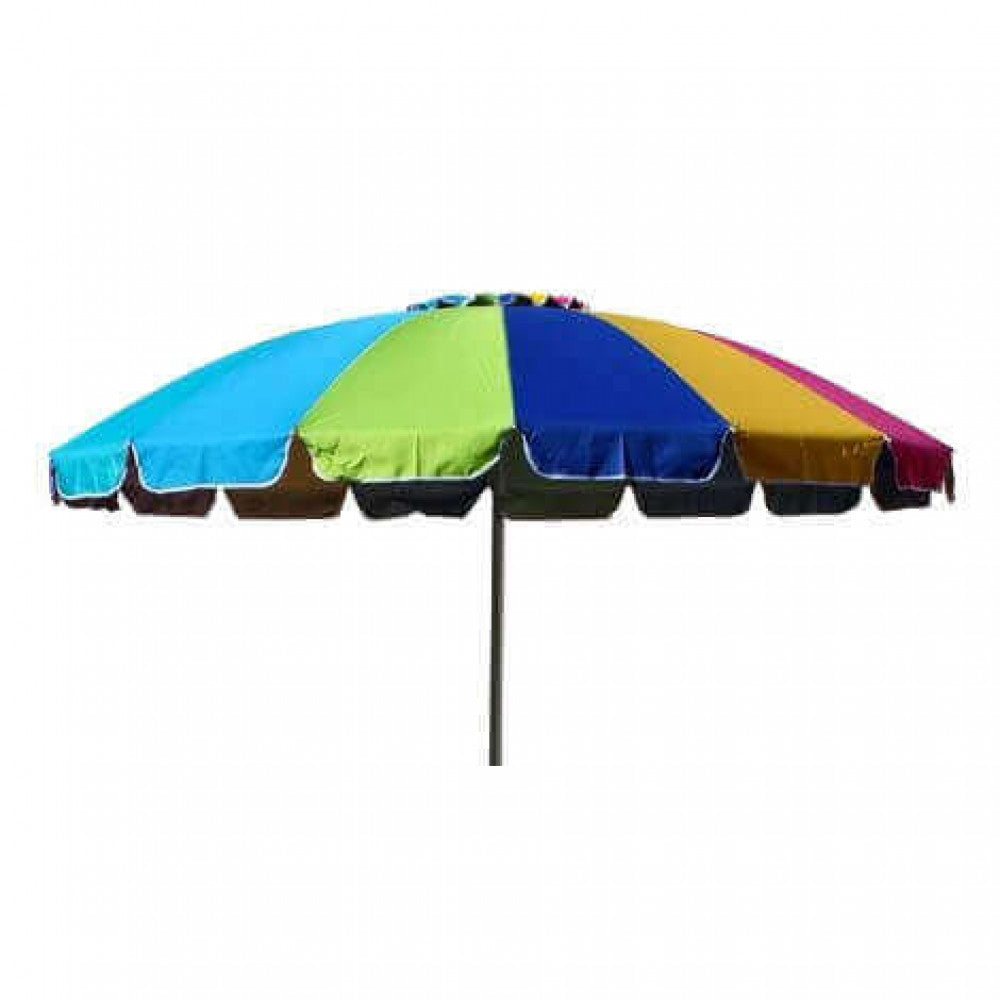 Dettaglio ravvicinato della cupola in poliestere multicolor dell'ombrellone da spiaggia con bordo sagomato e profilo bianco.
