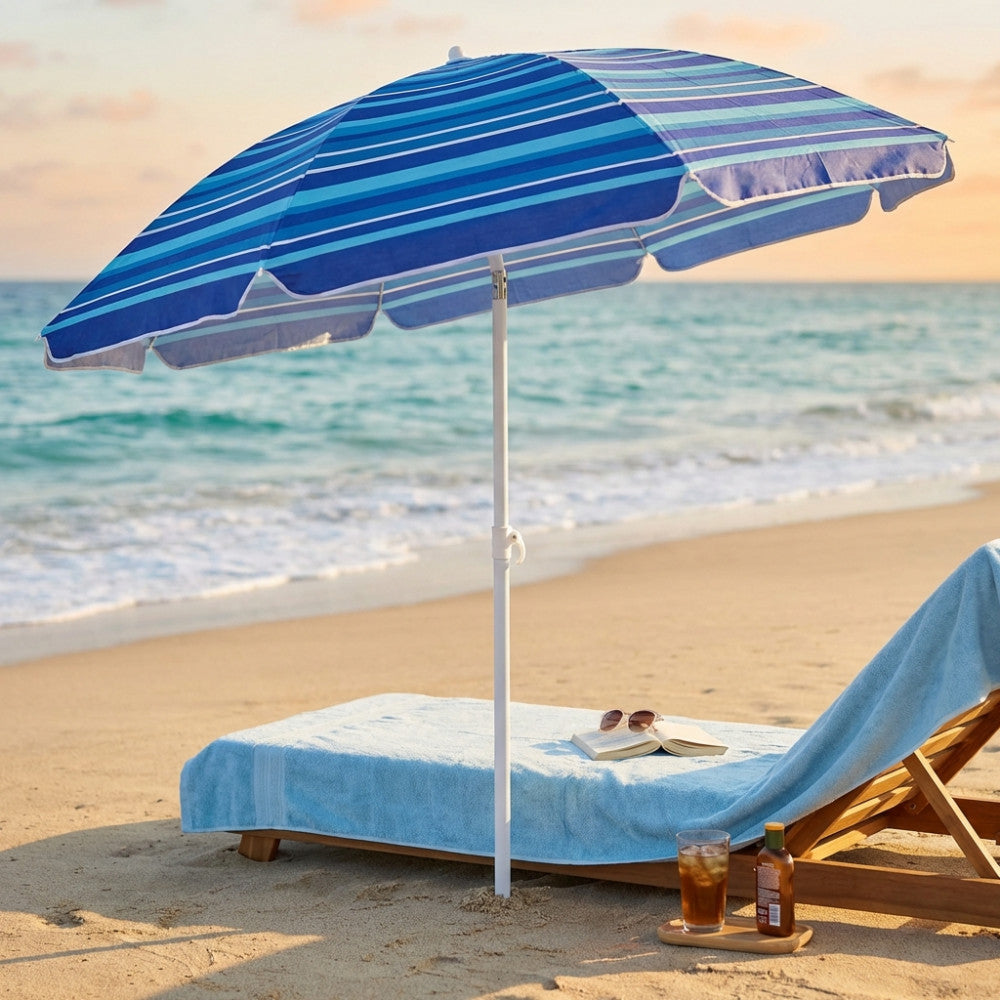 Ombrellone da spiaggia Cosma a righe blu e bianche