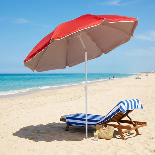 Ombrellone da spiaggia rosso Cosma aperto sulla sabbia
