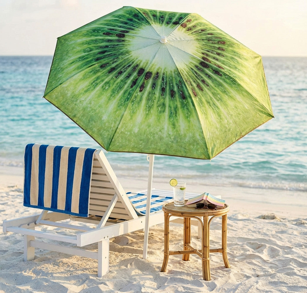 Ombrellone da spiaggia con stampa a kiwi aperto su sabbia bianca, affiancato da un lettino in legno e un tavolino in bambù.