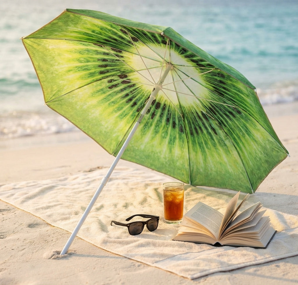 Ombrellone parasole con motivo kiwi che fa ombra su un telo mare, un libro aperto e una bevanda ghiacciata.