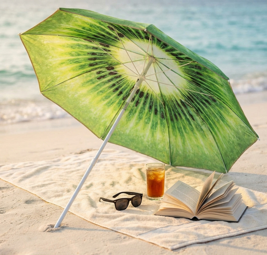 Ombrellone parasole con motivo kiwi che fa ombra su un telo mare, un libro aperto e una bevanda ghiacciata.