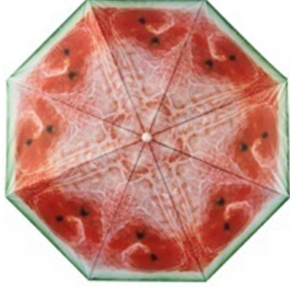 Dettaglio superiore della copertura dell'ombrellone caratterizzata da un'intensa grafica a forma di anguria.
