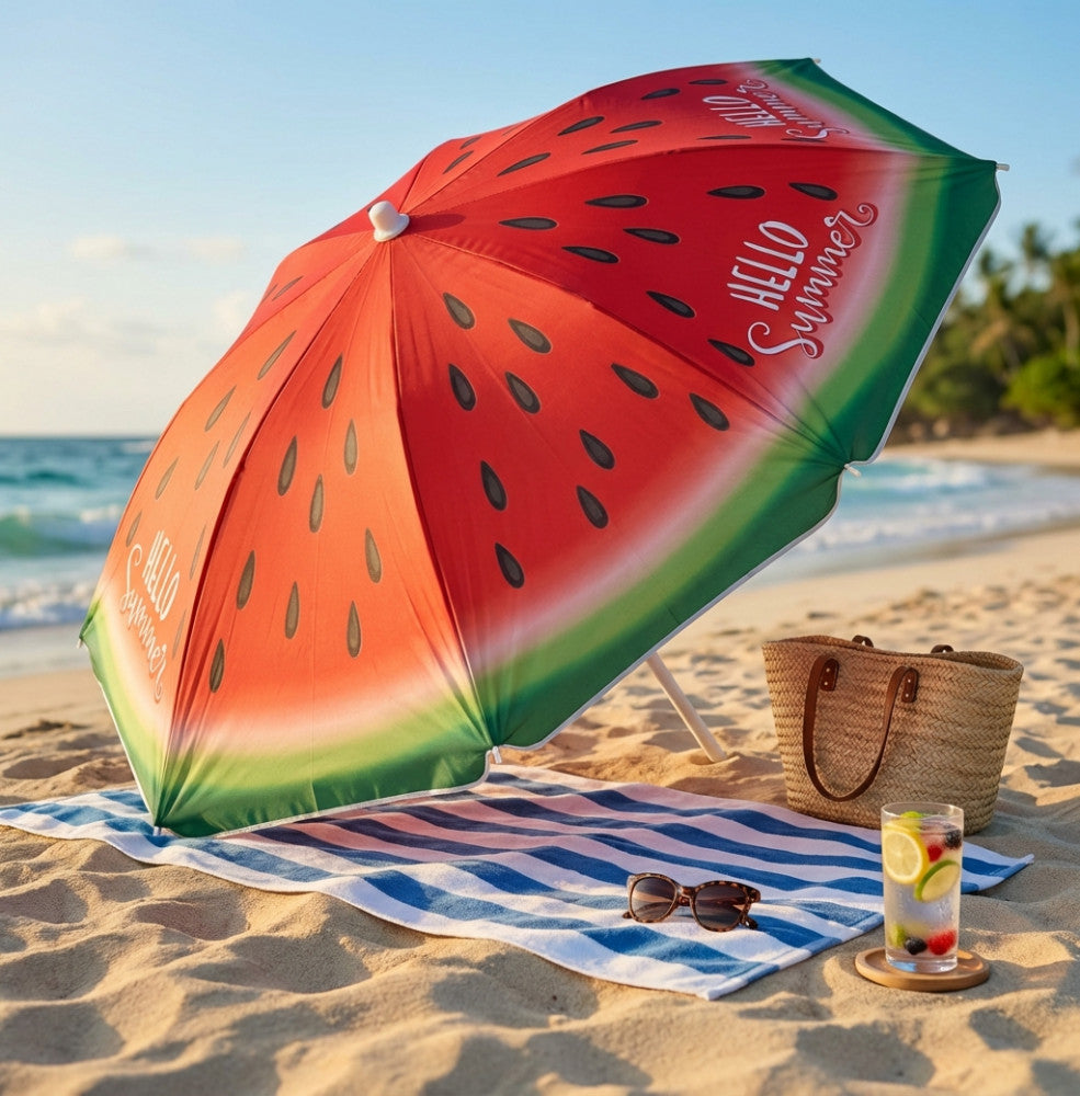 Ombrellone da spiaggia multicolor con motivo anguria, posizionato sulla sabbia vicino a una borsa in paglia intrecciata e un bicchiere d'acqua aromatizzata.