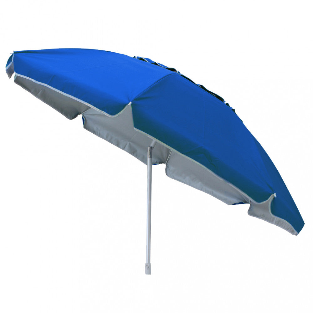 Dettaglio della struttura in acciaio e della copertura in poliestere blu dell'ombrellone da spiaggia OM807041.