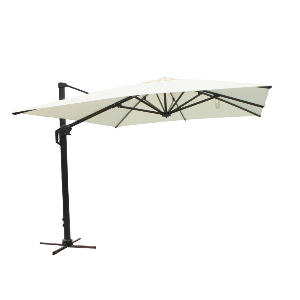 Ombrellone Stephenson con palo laterale nero e telo beige isolato su sfondo bianco.
