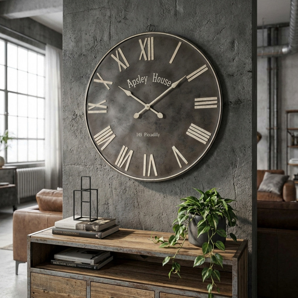Orologio da parete HUGO in legno grigio vintage appeso su una parete in cemento grezzo sopra una consolle in legno.