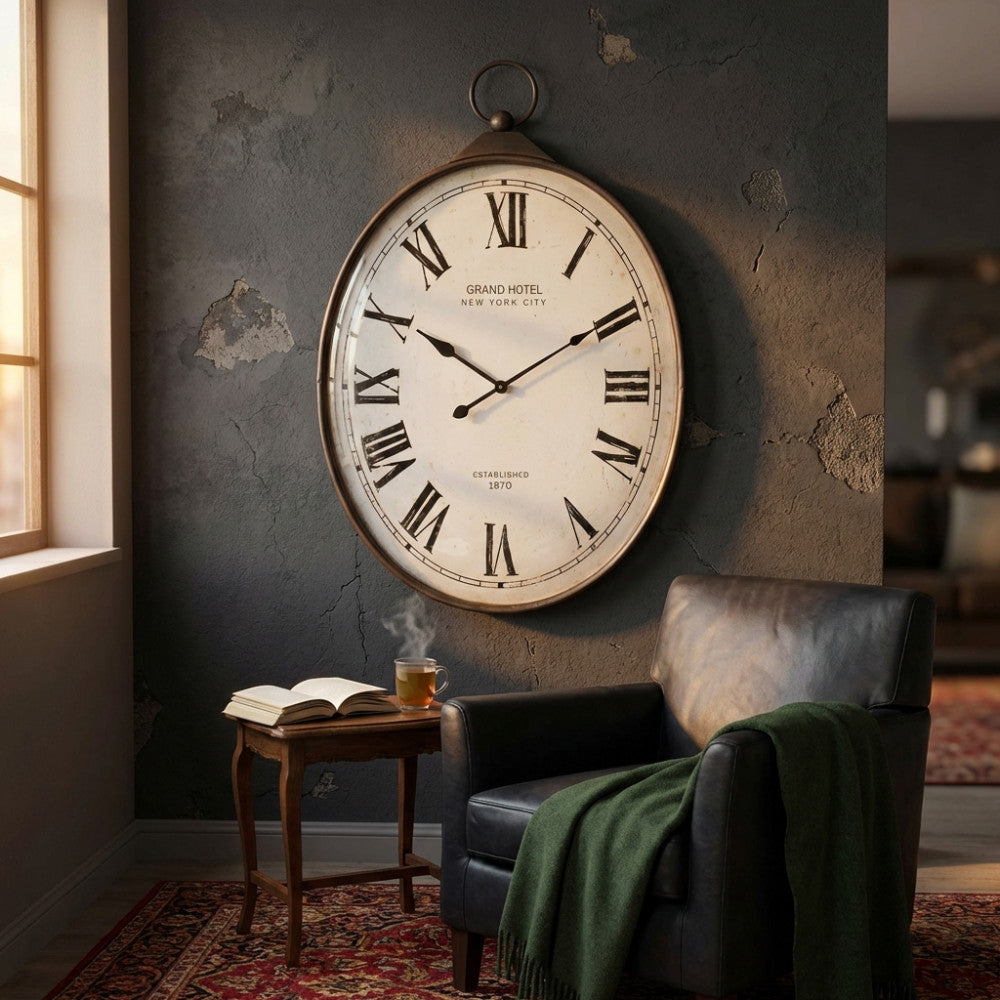 Grande orologio da parete bianco con numeri romani installato su una parete scura materica, illuminato da luce naturale vicino a una poltrona.
