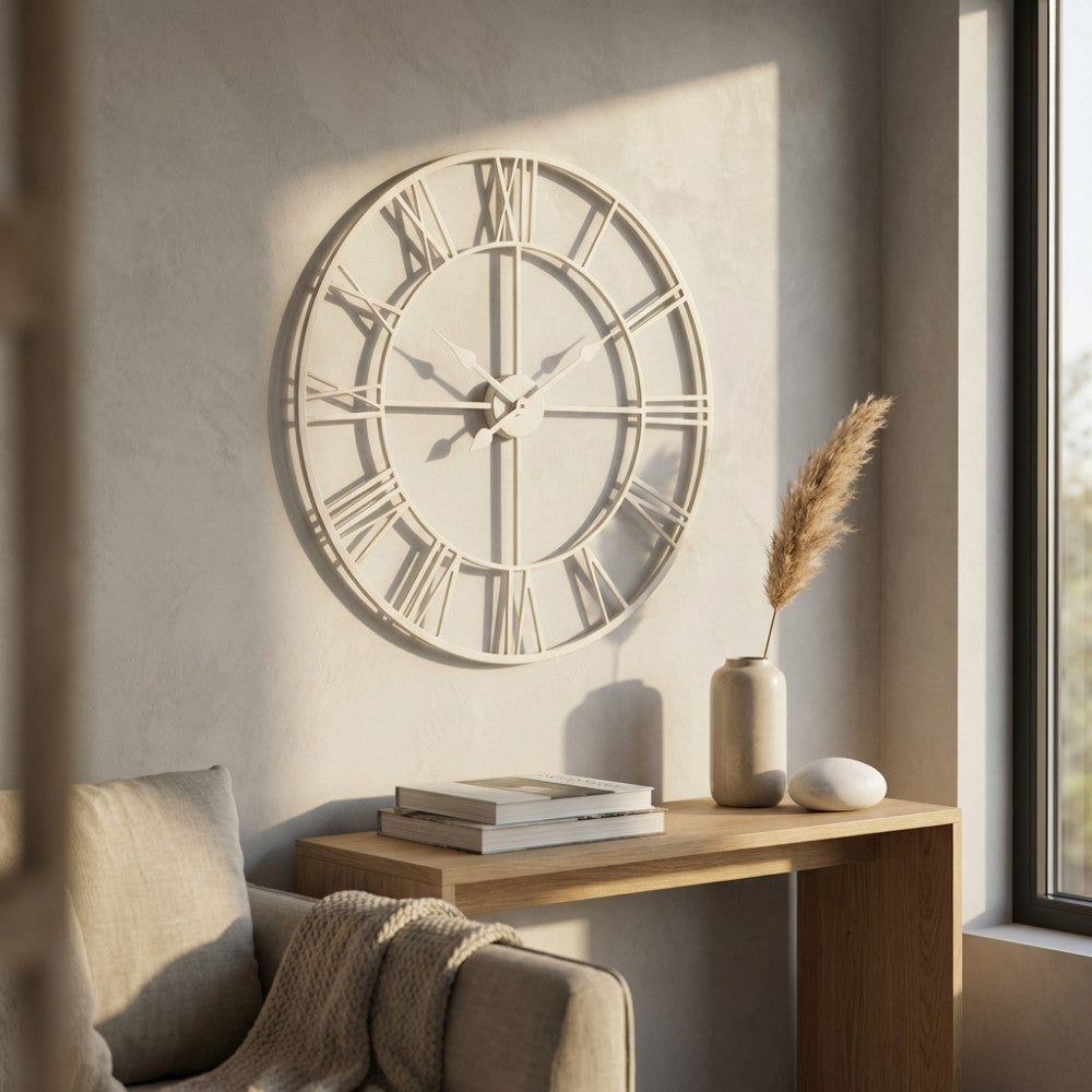 Orologio vintage in metallo bianco illuminato dalla luce naturale, che proietta ombre eleganti sulla parete sopra un mobile in legno chiaro.
