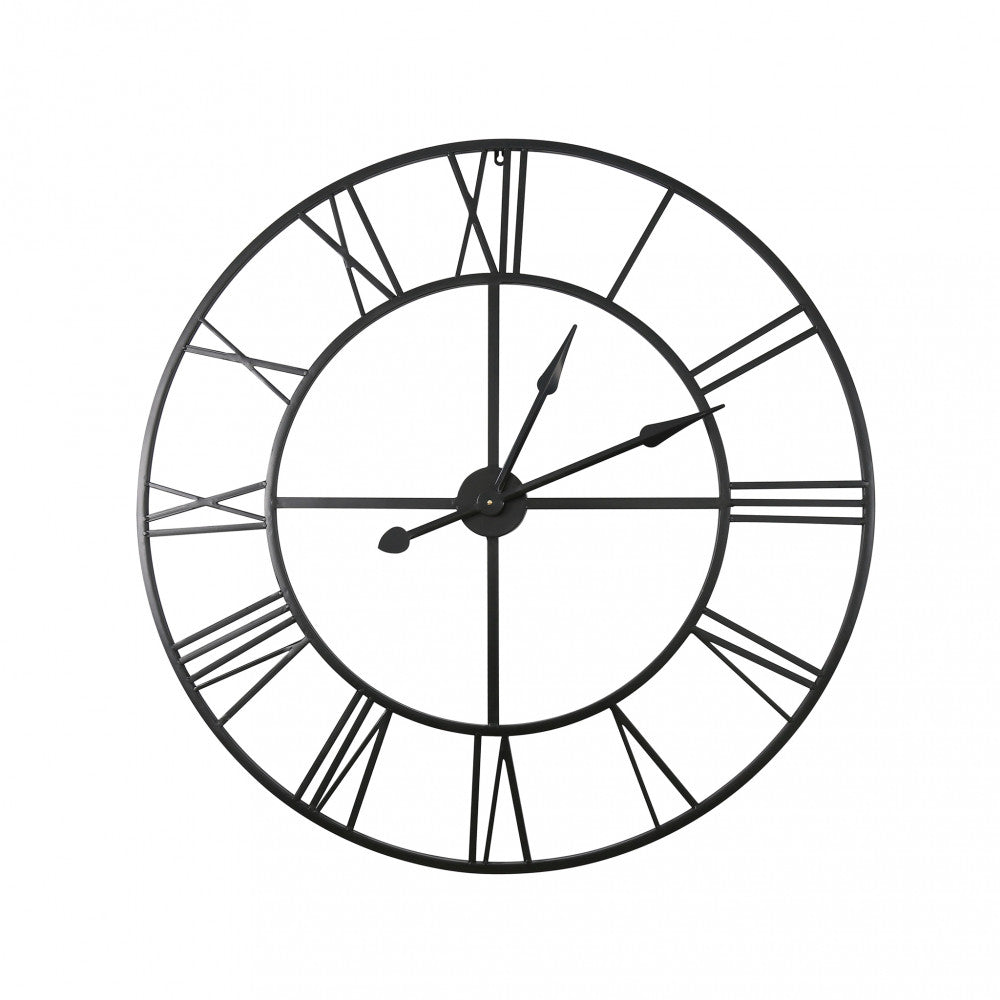 Vista frontale dell'orologio da parete vintage in metallo antracite su sfondo bianco, che evidenzia le lancette classiche.