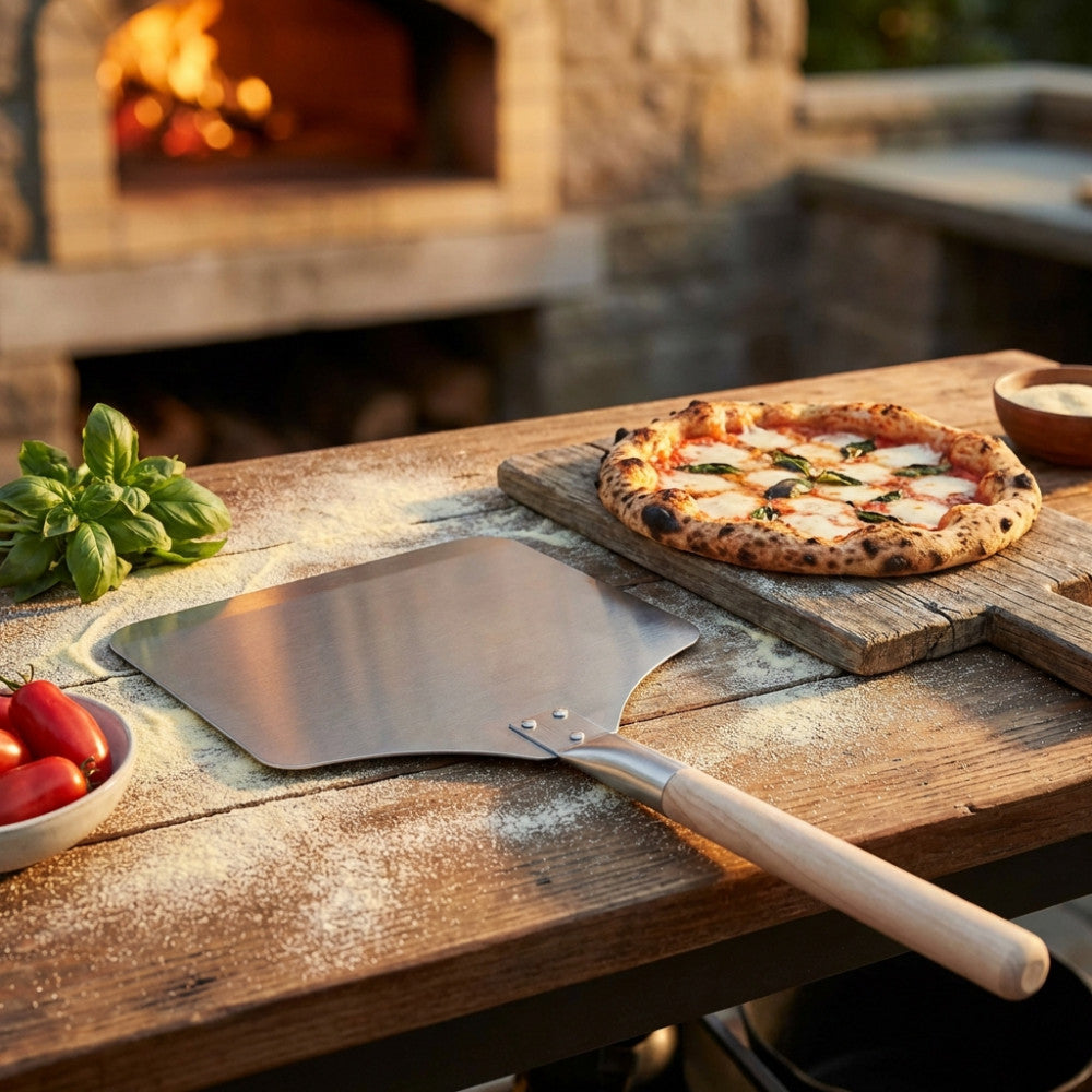 Pala per pizza in metallo grigio chiaro di alta qualità appoggiata su un tavolo in legno rustico, accanto a una pizza Margherita appena sfornata, con un forno in pietra illuminato sullo sfondo.