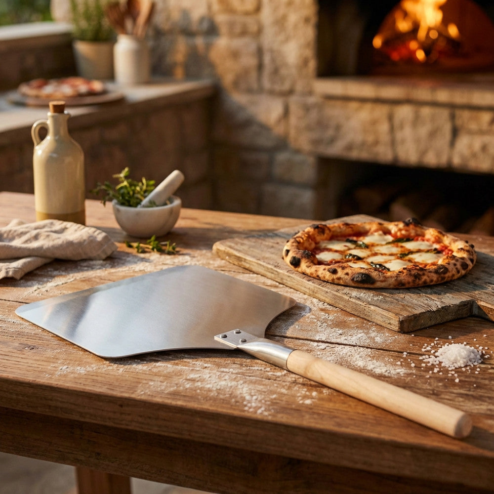 Vista angolata della robusta pala per pizza in metallo su una superficie di legno, che mostra la sua consistenza liscia accanto a una pizza cotta e ingredienti freschi in una cucina all'aperto.