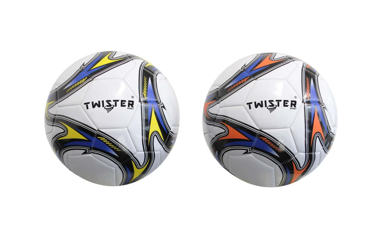 Due palloni da calcio bianchi con grafiche dinamiche nere, blu e arancioni, marchio Twister Sport, su sfondo neutro.