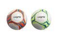 Due palloni da calcio GM807358 con design grafico vivace, uno con dettagli arancioni e blu, l'altro con dettagli gialli e blu, su sfondo bianco.