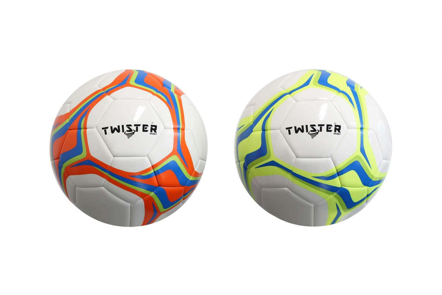 Due palloni da calcio GM807358 con design grafico vivace, uno con dettagli arancioni e blu, l'altro con dettagli gialli e blu, su sfondo bianco.