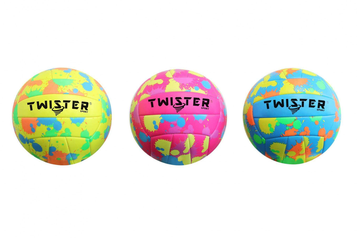 Tre palloni da pallavolo modello GM807348 con design a macchie di colore vivaci, nei toni del giallo, rosa e azzurro, con logo Twister Sport centrale.