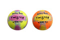 Due palloni da pallavolo misura 5 con finitura soft-touch, caratterizzati da vivaci motivi a schizzi nei toni del giallo neon, rosa e arancione, su sfondo bianco.