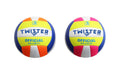 Due palloni da beach volley Twister Sport di dimensioni e peso ufficiali, caratterizzati da vivaci pannelli giallo fluo, blu, bianchi e dettagli a contrasto arancioni e rosa.