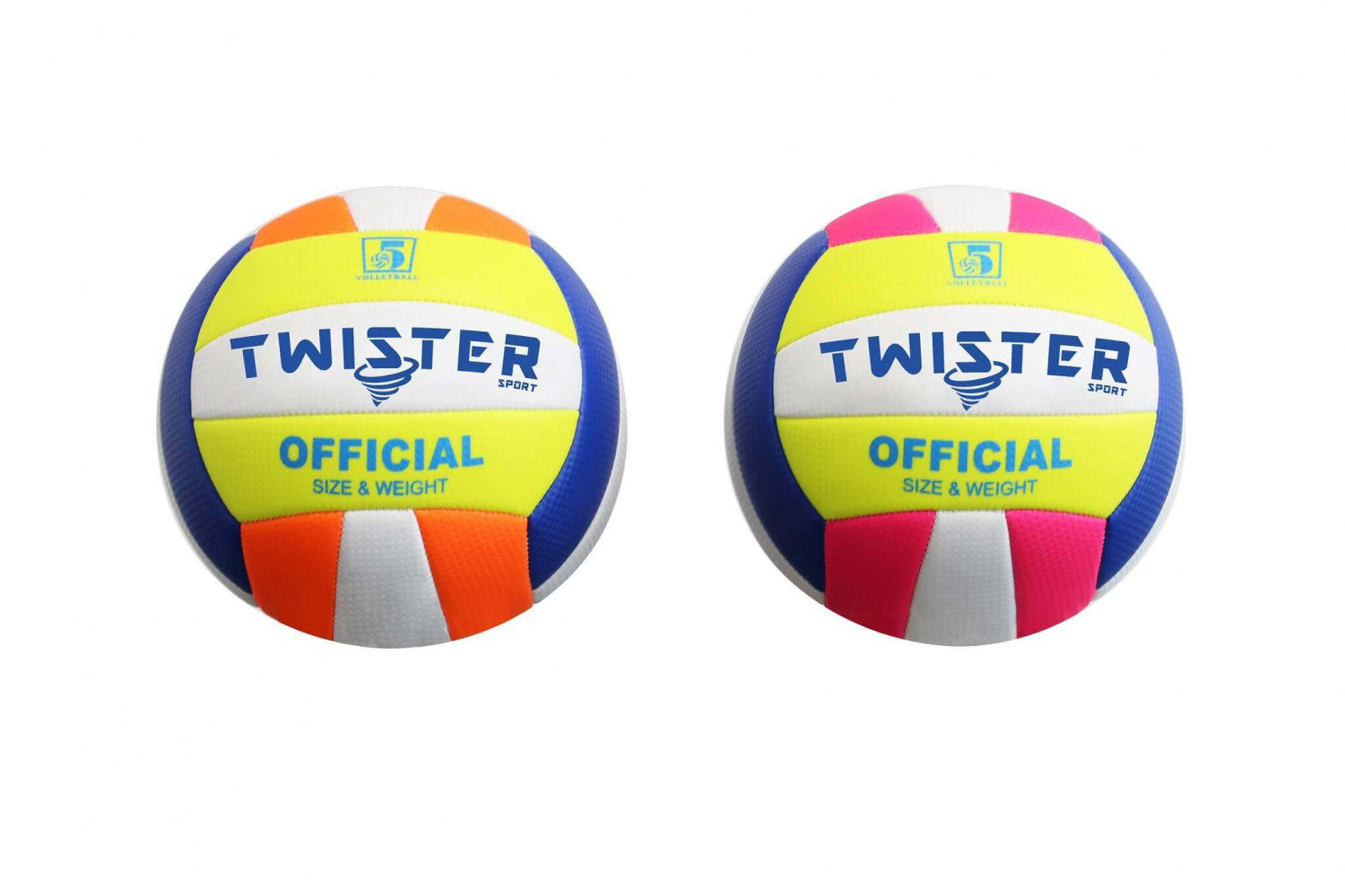 Due palloni da beach volley Twister Sport di dimensioni e peso ufficiali, caratterizzati da vivaci pannelli giallo fluo, blu, bianchi e dettagli a contrasto arancioni e rosa.
