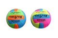 Due vivaci palloni da pallavolo Twister Sport soft-touch in arancione, verde, blu, rosa e giallo neon, con specifiche di peso e dimensioni ufficiali.