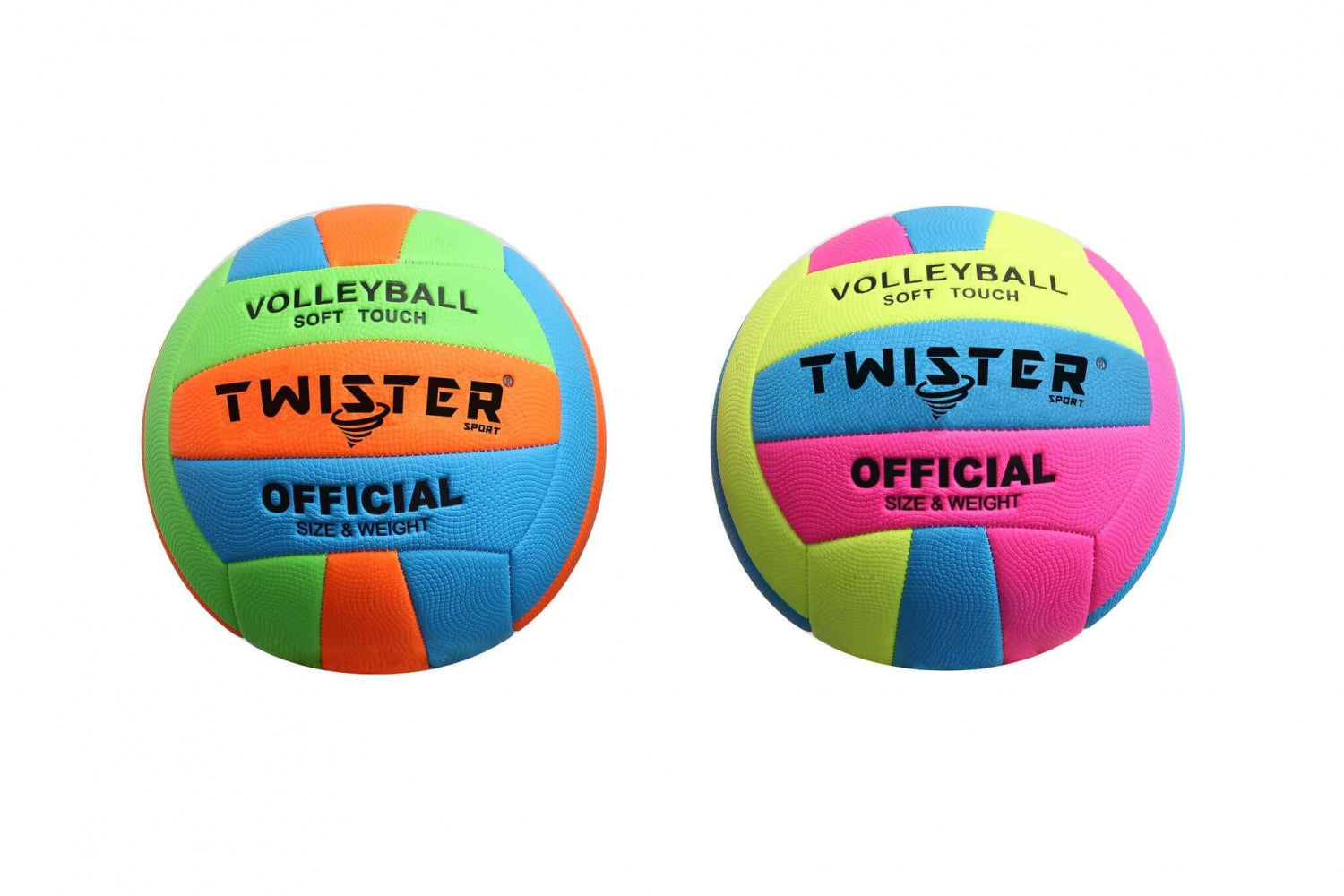 Due vivaci palloni da pallavolo Twister Sport soft-touch in arancione, verde, blu, rosa e giallo neon, con specifiche di peso e dimensioni ufficiali.