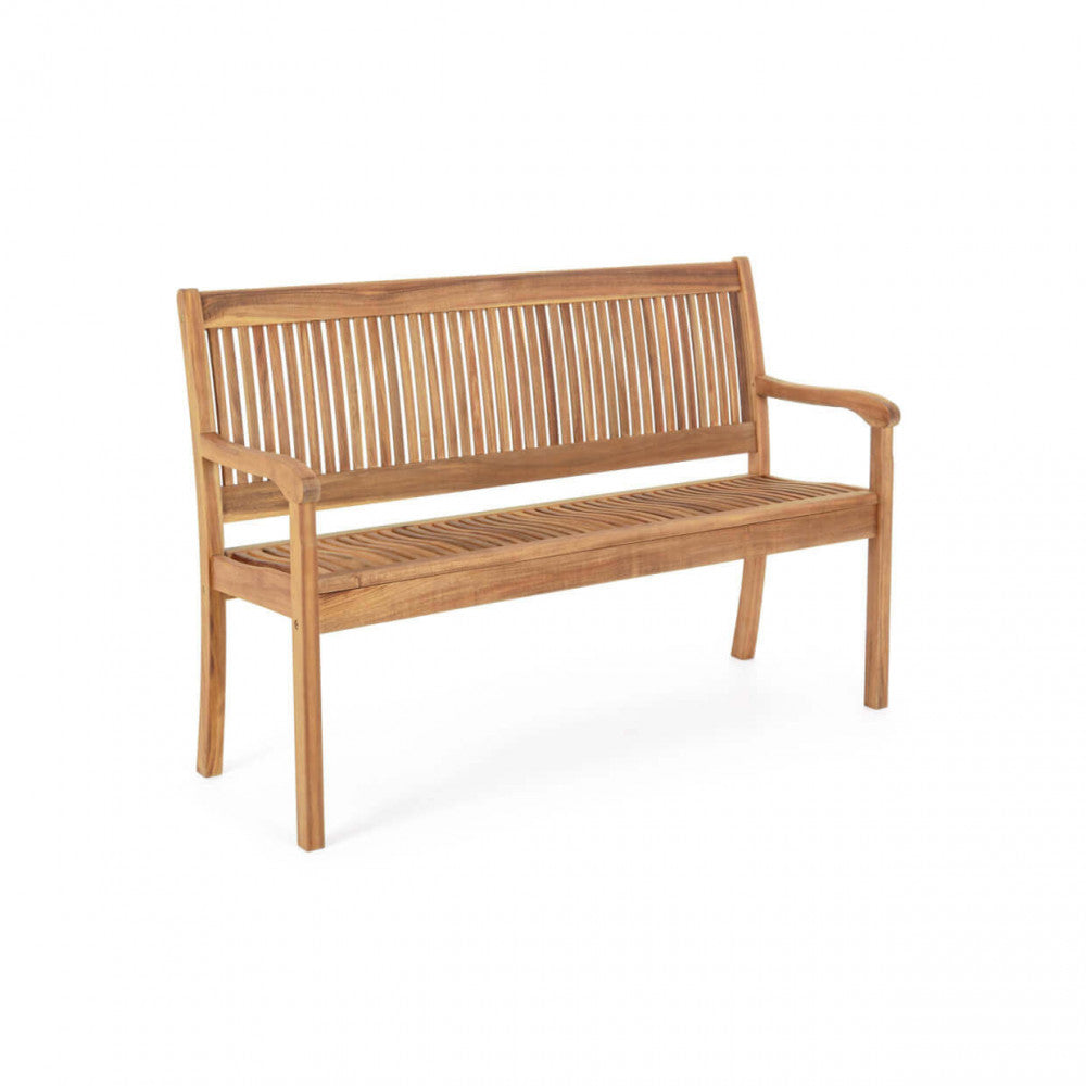 Panca 2 P in legno di acacia massiccio colore marrone, posizionata in un giardino.