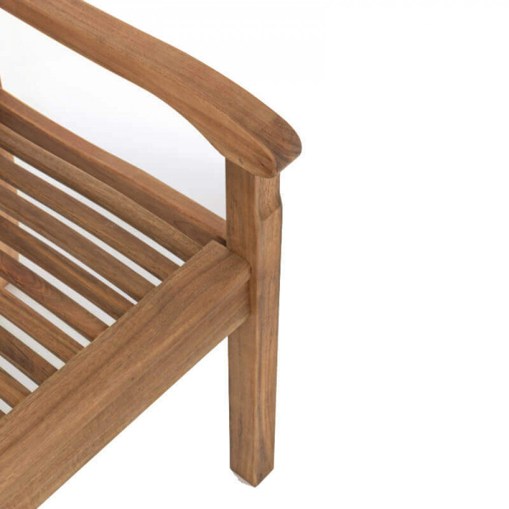 Panca 2 P in legno di acacia massiccio colore marrone, posizionata in un giardino.