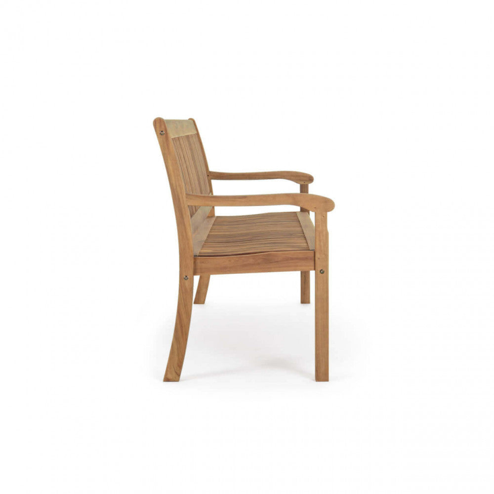 Panca 2 P in legno di acacia massiccio colore marrone, posizionata in un giardino.