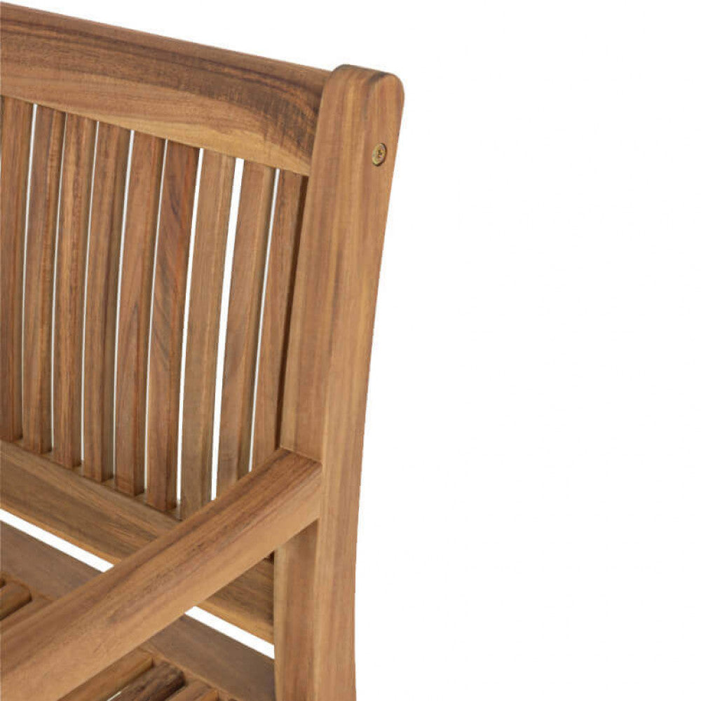 Dettaglio della venatura del legno di acacia e della robusta struttura della Panca 2 P.