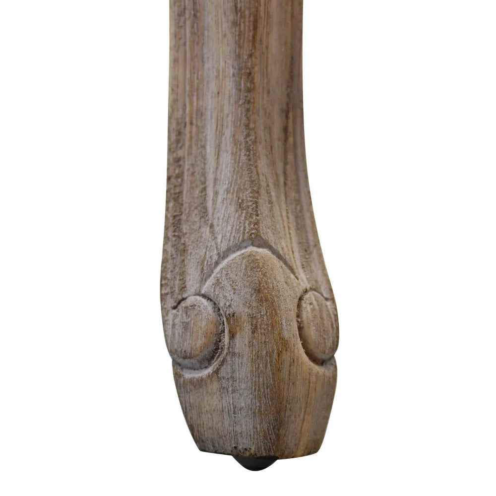 dettaglio lavorazione legno della Panca imbottita Madelyn in tessuto beige per fondo letto con struttura in legno