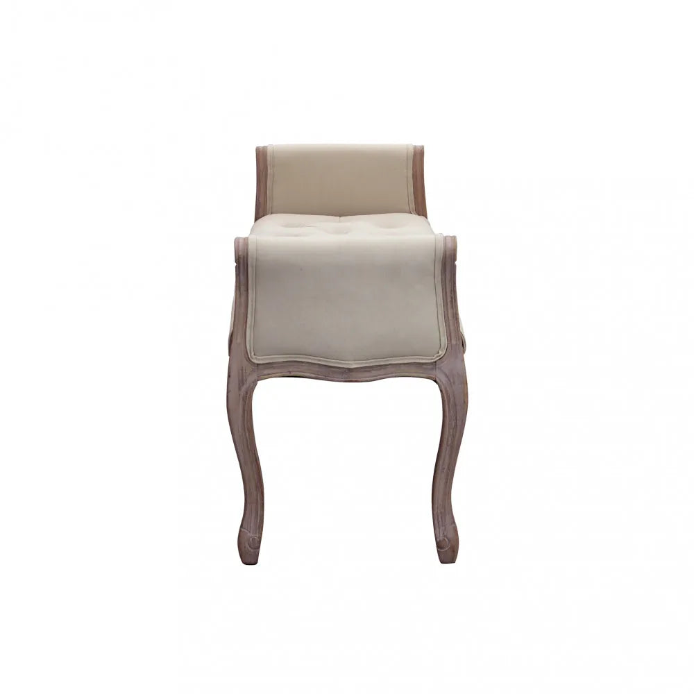 Panca imbottita Madelyn in tessuto beige per fondo letto con struttura in legno vista ingombro