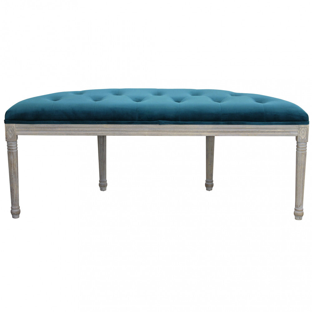 Vista posteriore della panca in velluto blu, che mostra la struttura in legno e il design pulito.