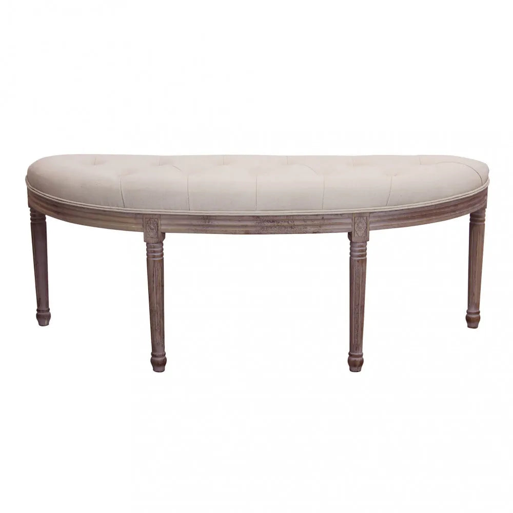 Vista frontale della Panca imbottita Margi in tessuto beige per fondo letto o salotto con struttura in legno