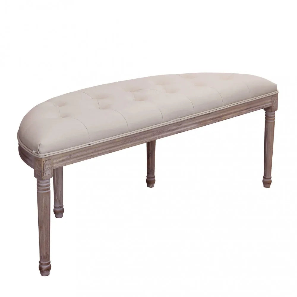 Vista retro della Panca imbottita Margi in tessuto beige per fondo letto o salotto con struttura in legno