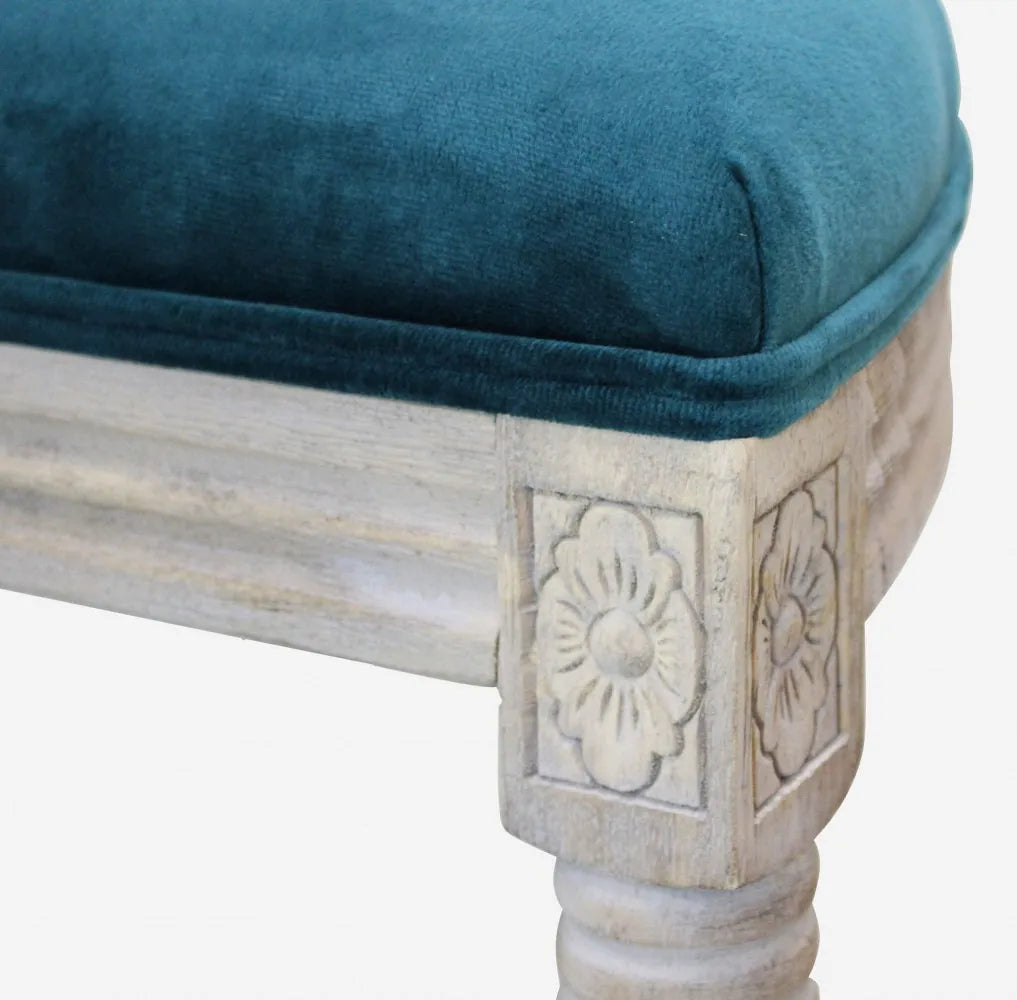 Panca imbottita Margi velluto blu 125cm per fondo letto o salotto con struttura in legno particolare lavorazione legno