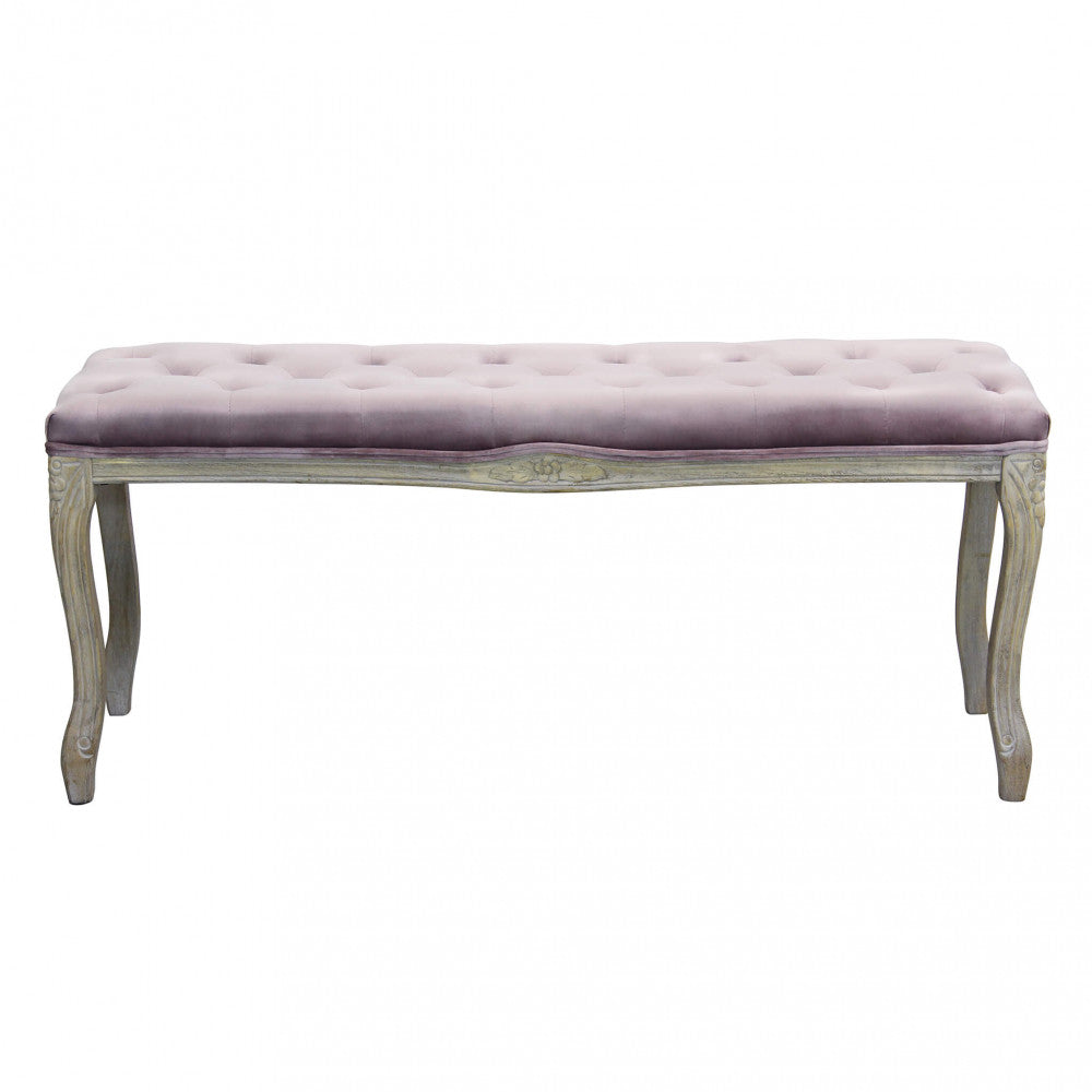 Vista frontale della panca a due posti in velluto rosa con gambe curve in legno.