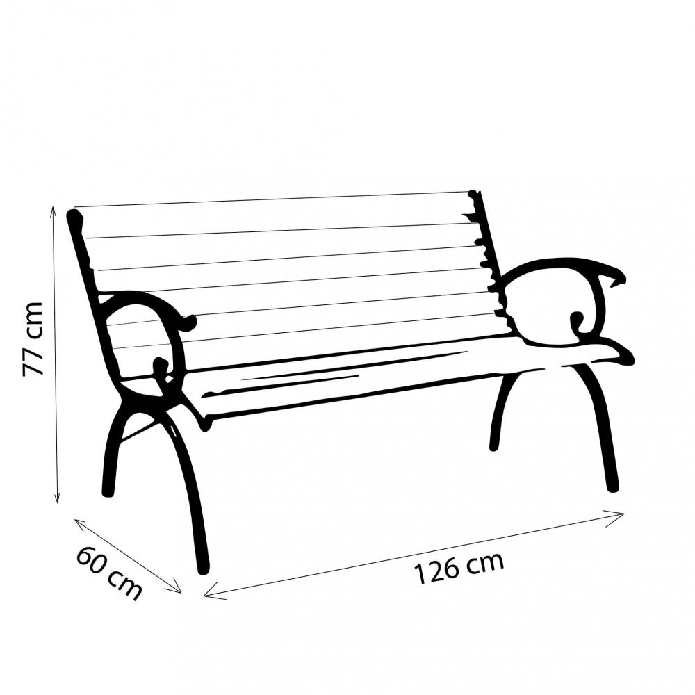 Dettaglio del bracciolo in ghisa e delle stecche in legno della Panchina Ghisa Real.