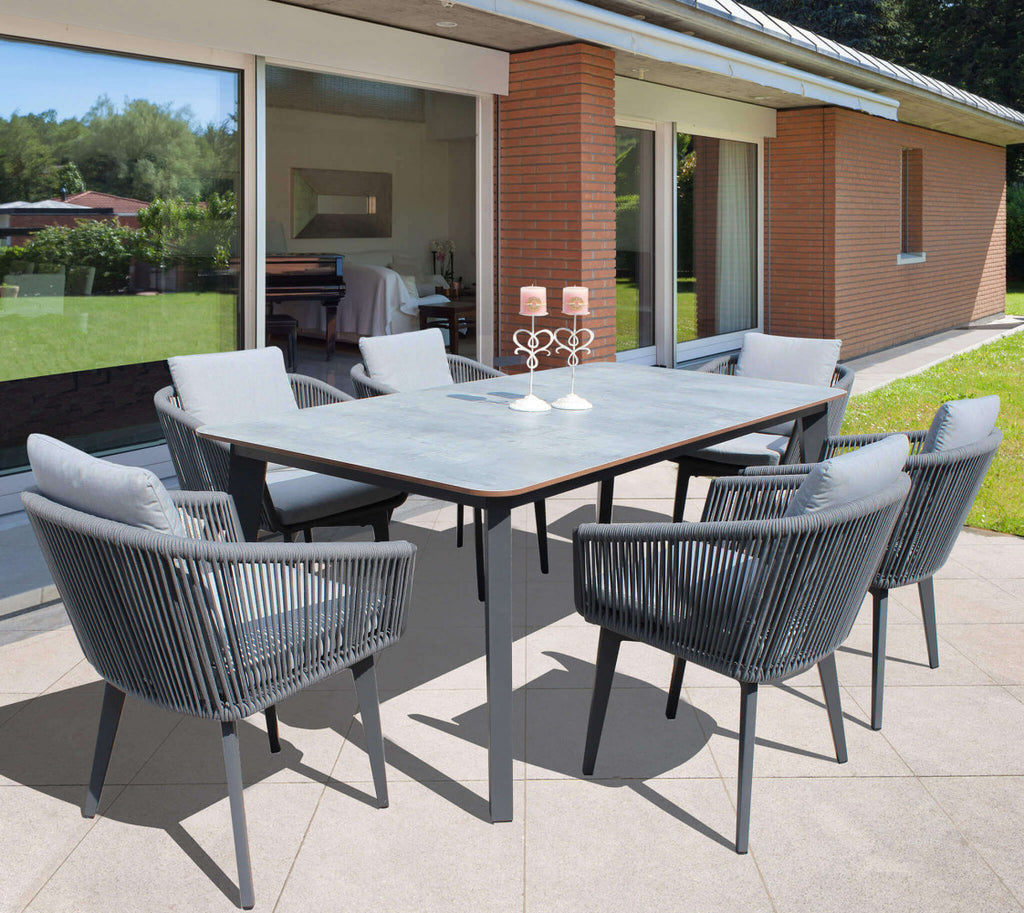 Panoramica Esterna Tavolo da giardino Cancun 180x90 cm fisso, con struttura in alluminio e piano in HPL color antracite, ideale per esterni | Albert Stock