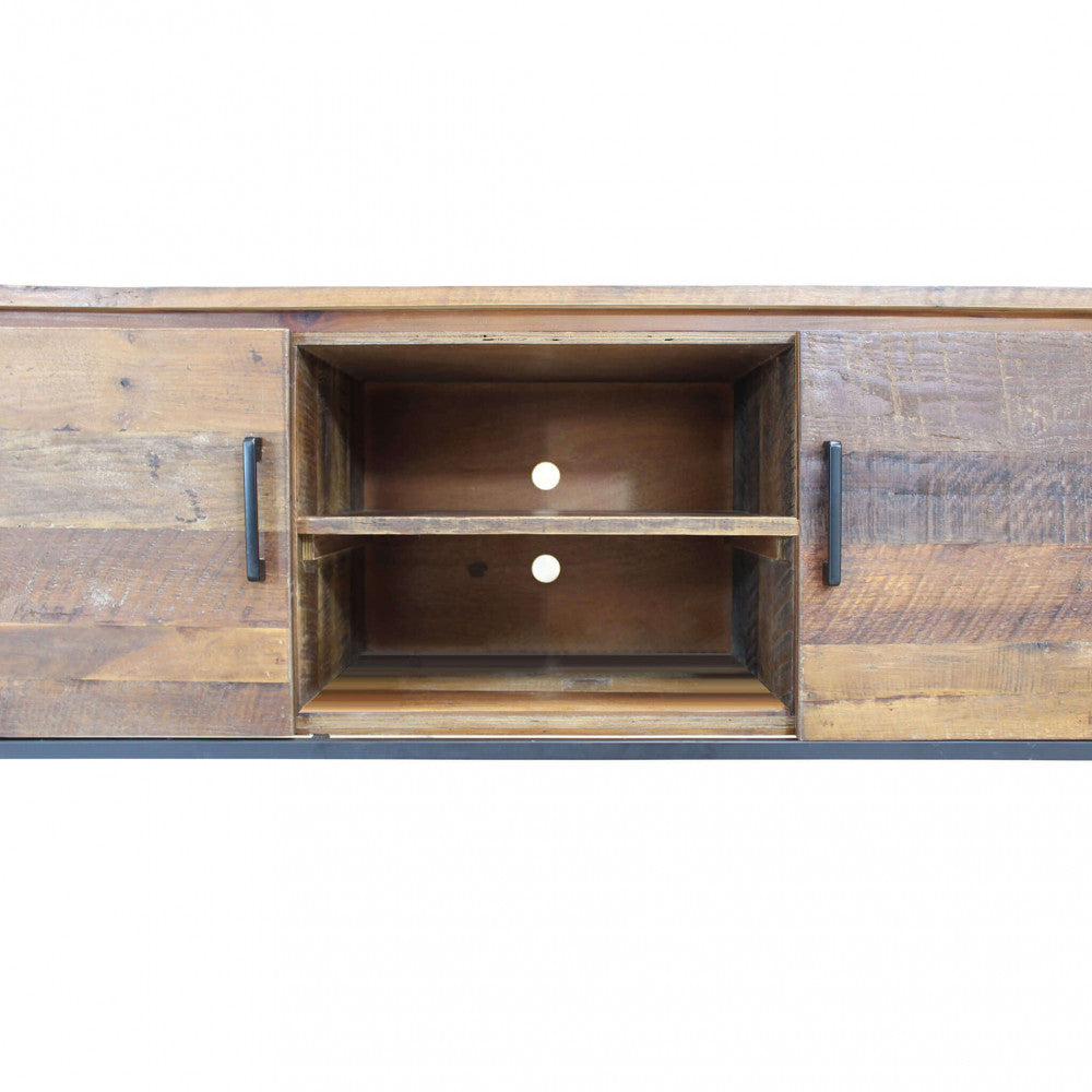 Panoramica dei ripiani e passacavi del Porta TV Bridger con struttura in legno e gambe in metallo nero, colore marrone/nero, ideale per un soggiorno moderno e organizzato | Albert Stock