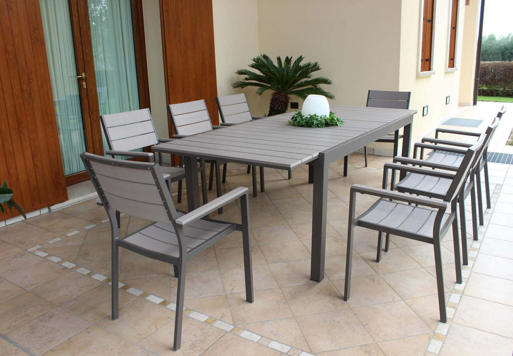 Panoramica-in-Veranda-avolo da giardino Pental allungabile con struttura in alluminio taupe e piano in polywood grigio, ideale per esterni | Albert Stock
