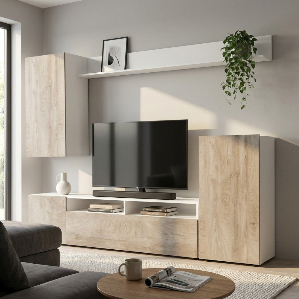 Dettaglio frontale della parete attrezzata con televisore e finiture in rovere materico.