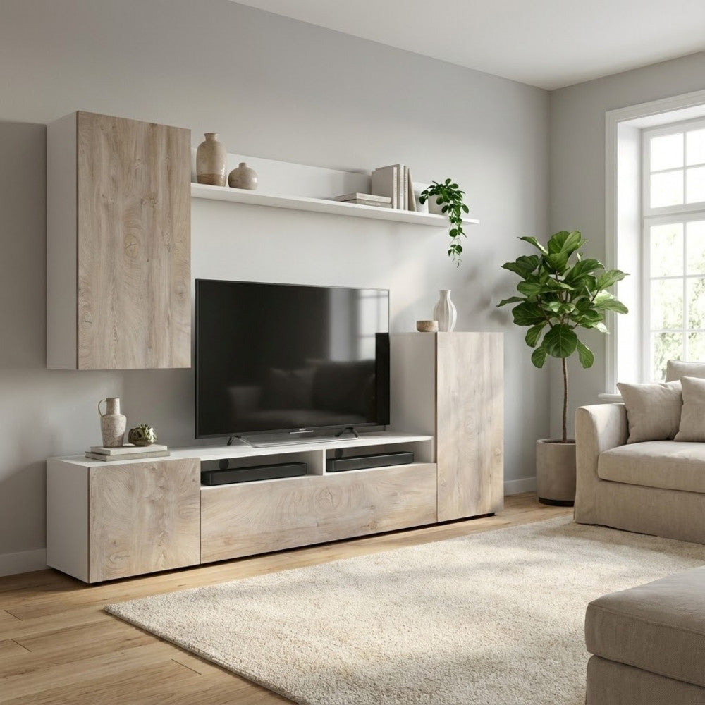 Angolazione laterale della composizione living, mostrando la profondità dei moduli contenitivi.