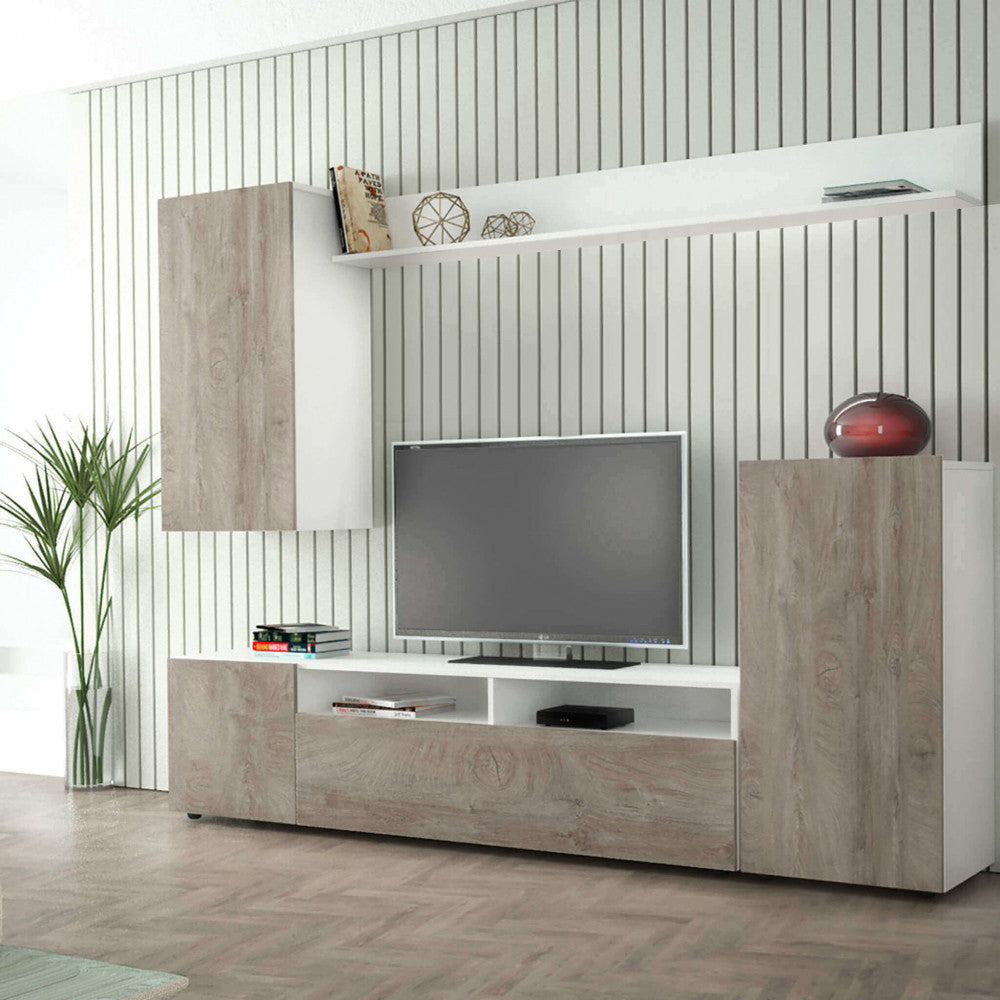 Primo piano dei moduli inferiori e superiori della parete attrezzata con dettagli in rovere grigio.