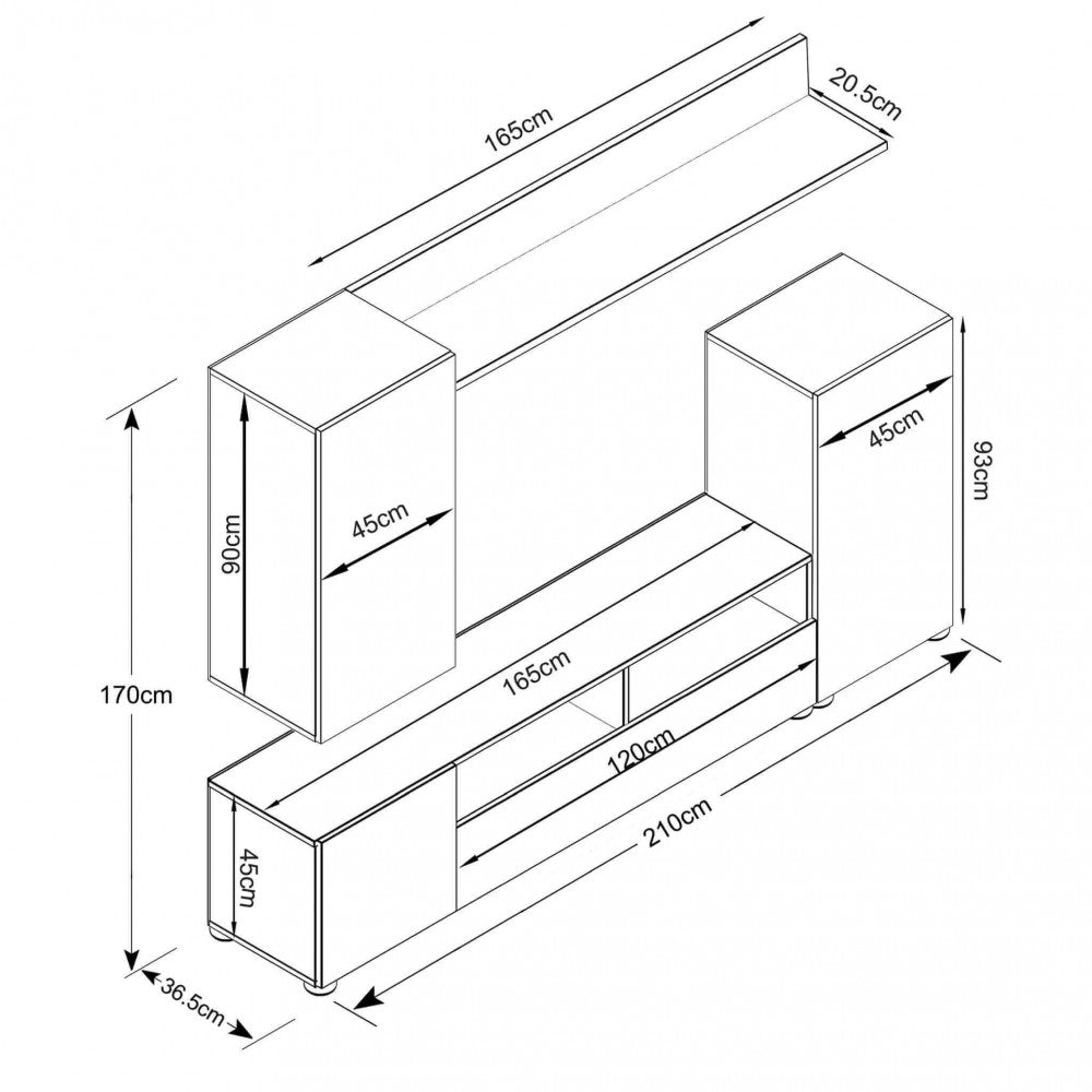 Disegno tecnico della parete attrezzata Bridge con quote e dimensioni dettagliate in centimetri.