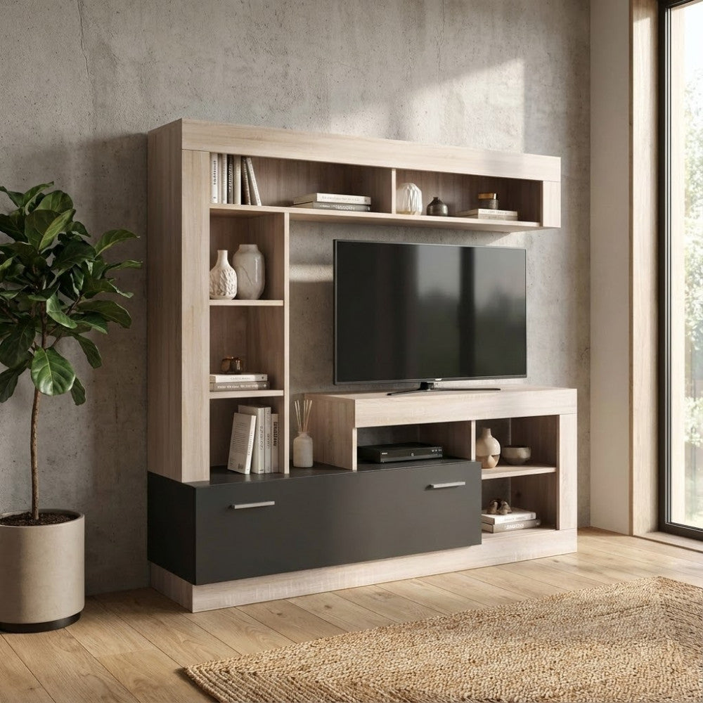Parete attrezzata Leonard inserita in un contesto dal design industriale con pareti effetto cemento.