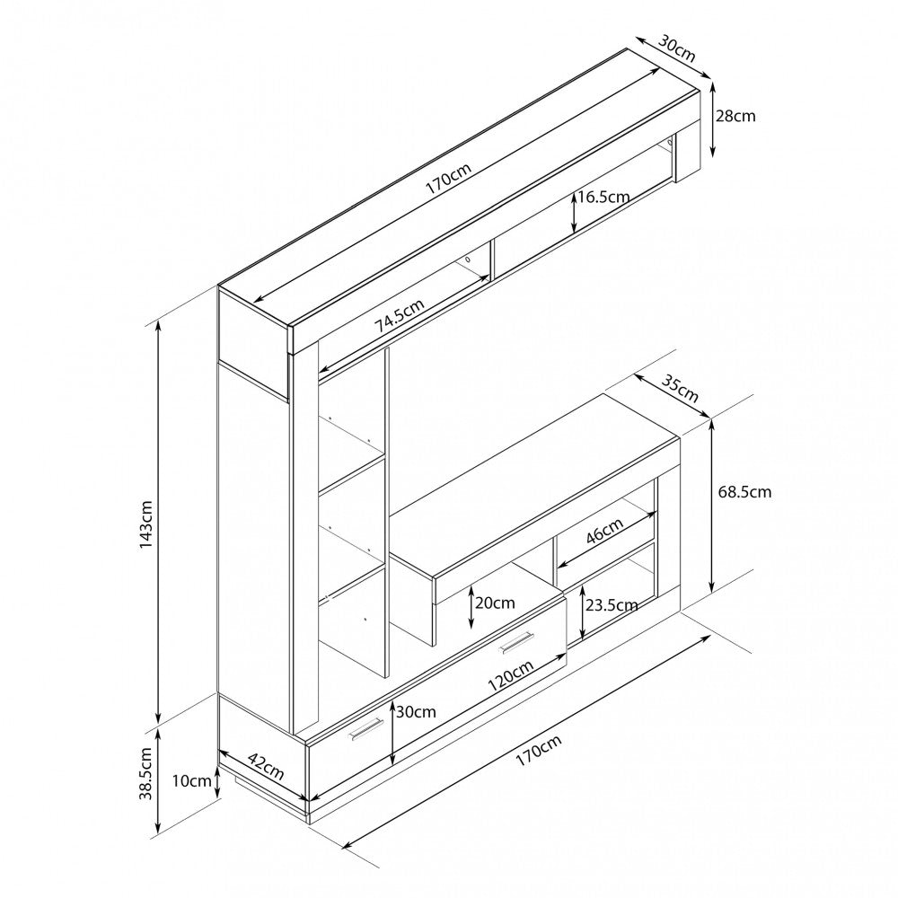 Disegno tecnico della parete attrezzata Leonard con quote e dimensioni dettagliate in centimetri.