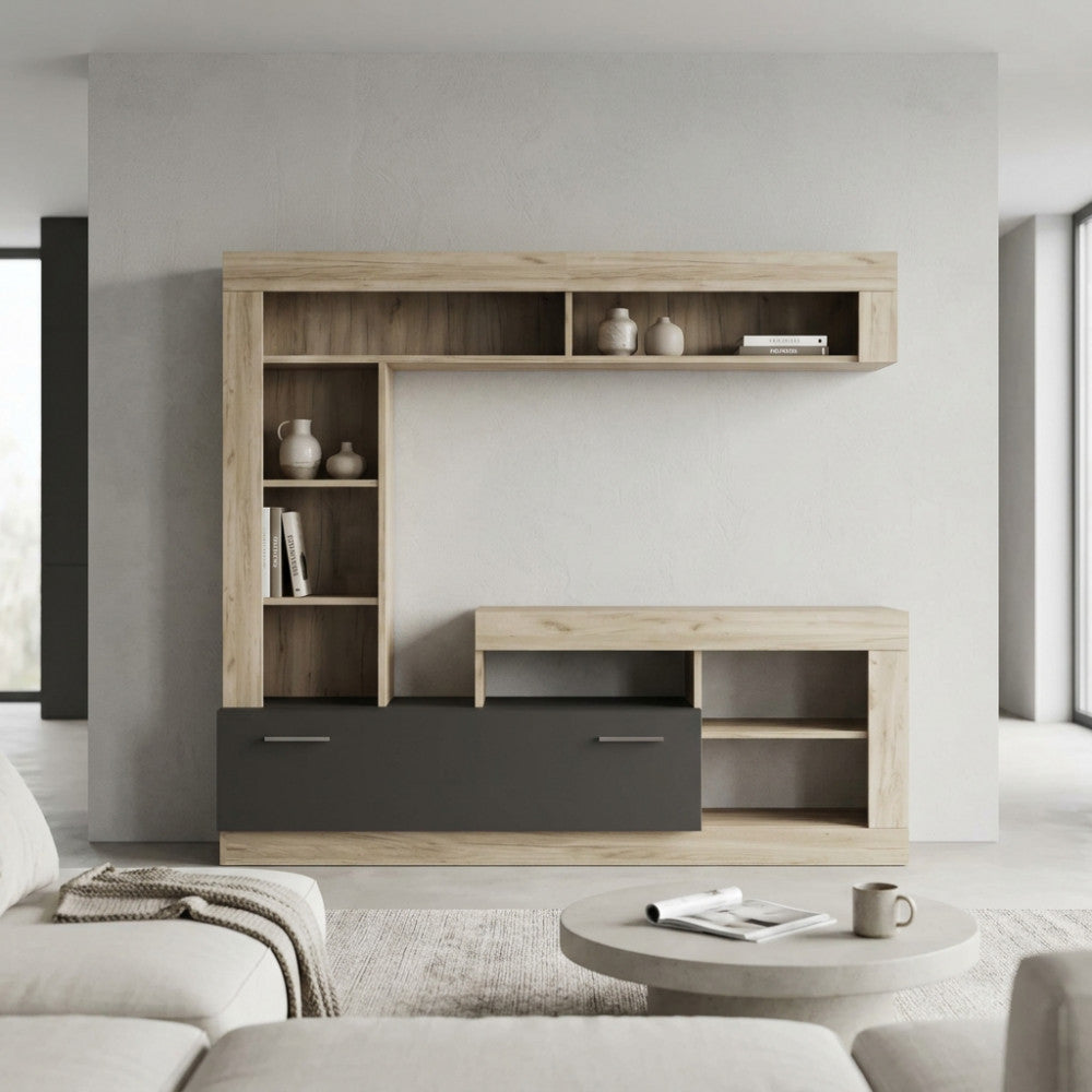 Parete attrezzata Leonard in rovere e taupe, vista frontale in un living luminoso.