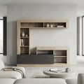 Parete attrezzata Leonard in rovere e taupe, vista frontale in un living luminoso.